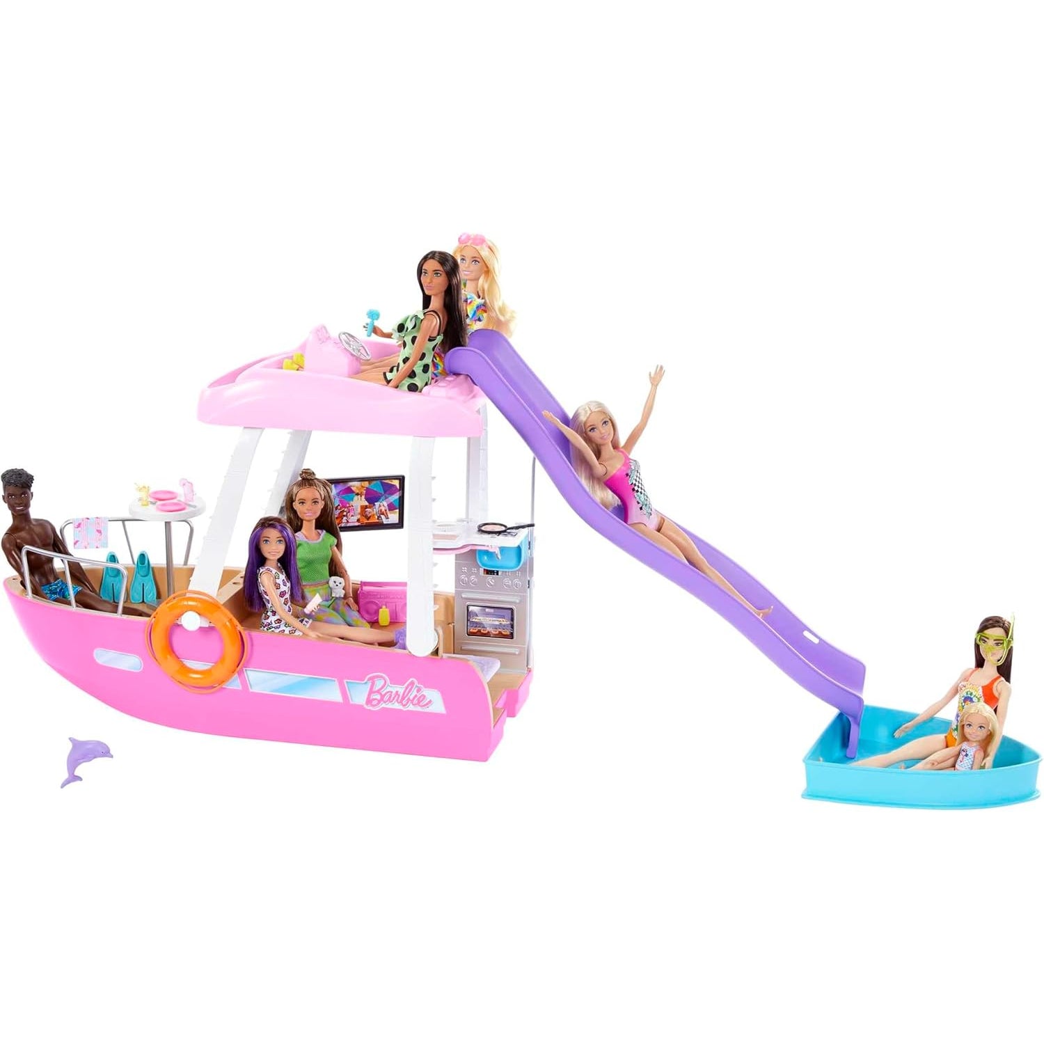 Barbie muñeca en barco de juego color rosa con tobogán y muñecas de diversa apariencia