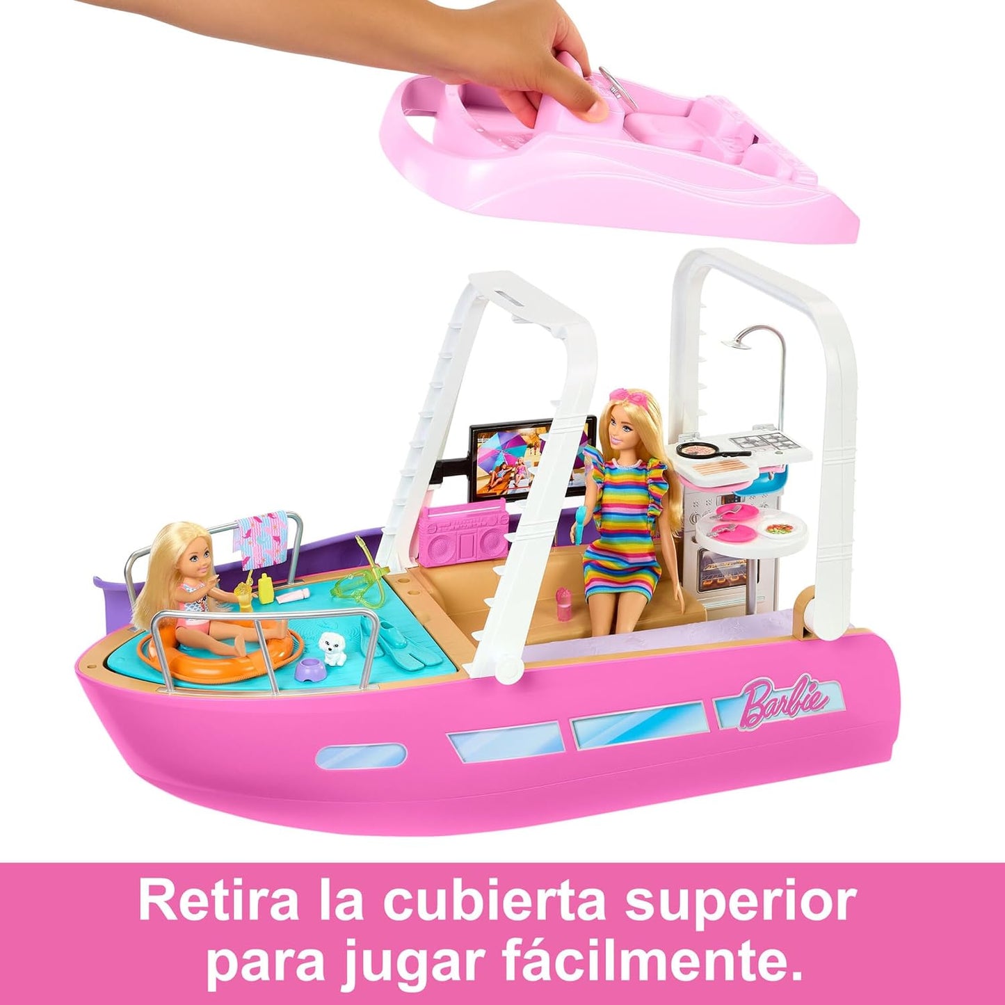 Barbie muñeca y barco rosa, vista frontal con decoración colorida y accesorios de juego
