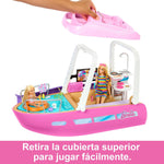 Barbie muñeca y barco rosa, vista frontal con decoración colorida y accesorios de juego