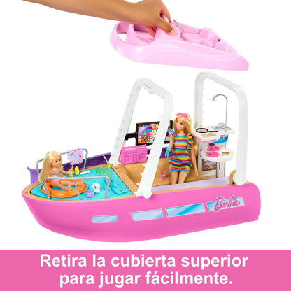 Barbie muñeca y barco rosa, vista frontal con decoración colorida y accesorios de juego