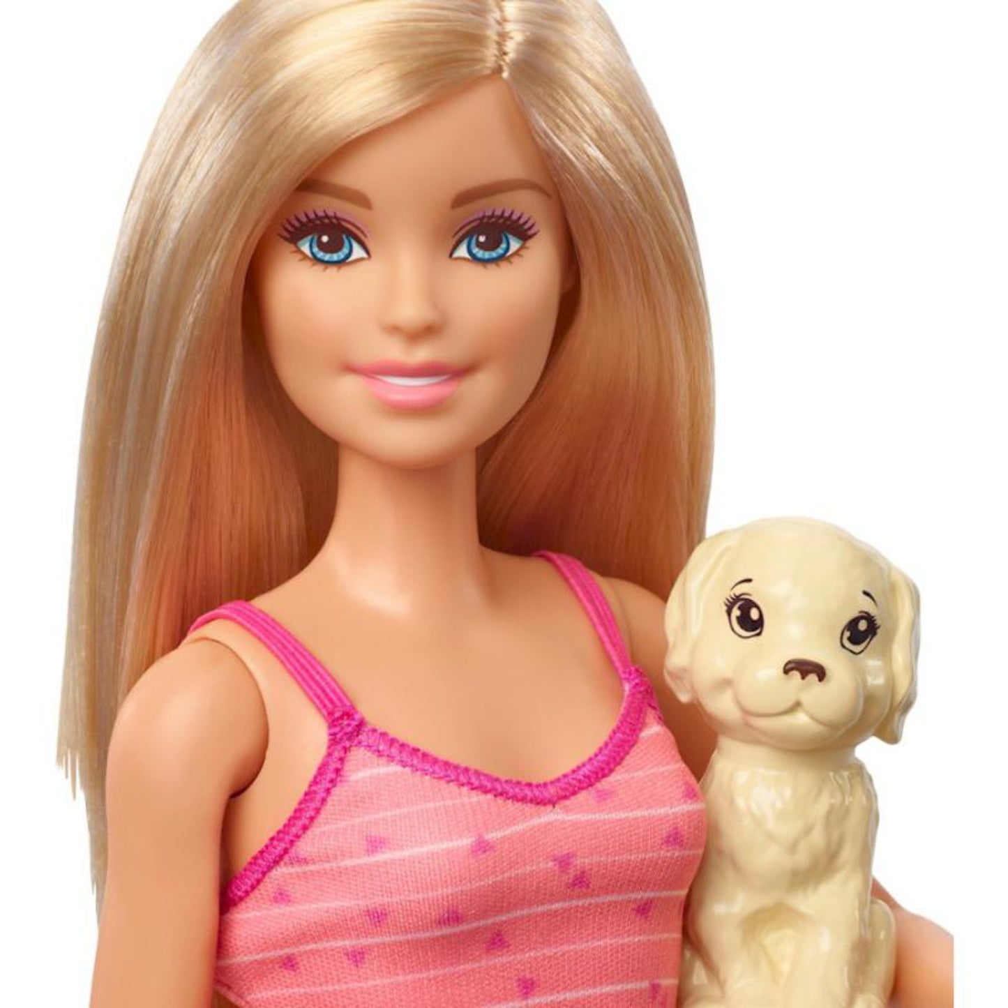 barbie rubia con camiseta rosa y perro blanco en mano, juguete para niñas