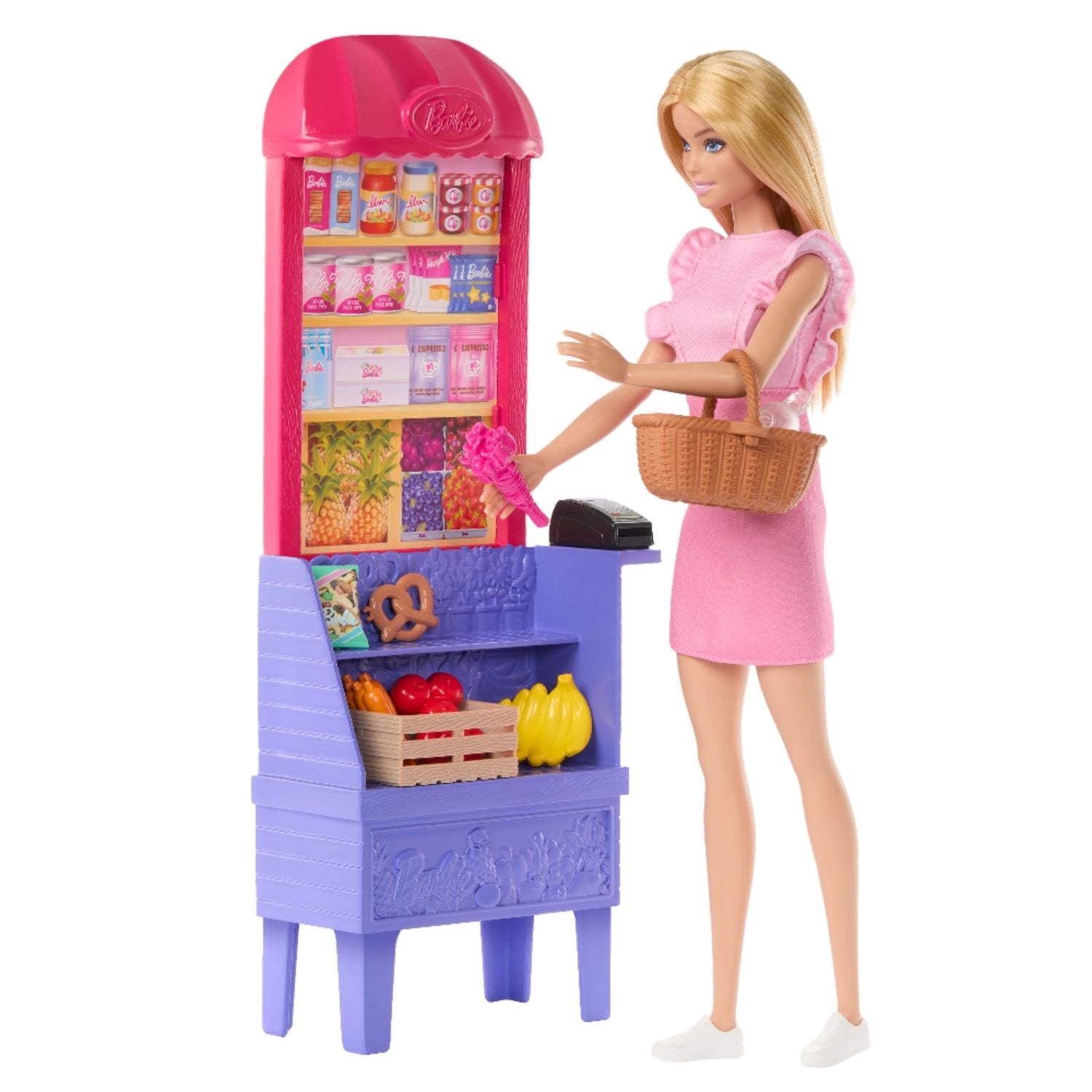 Muñeca Barbie en tienda de productos frescos, vista frontal con cesta
