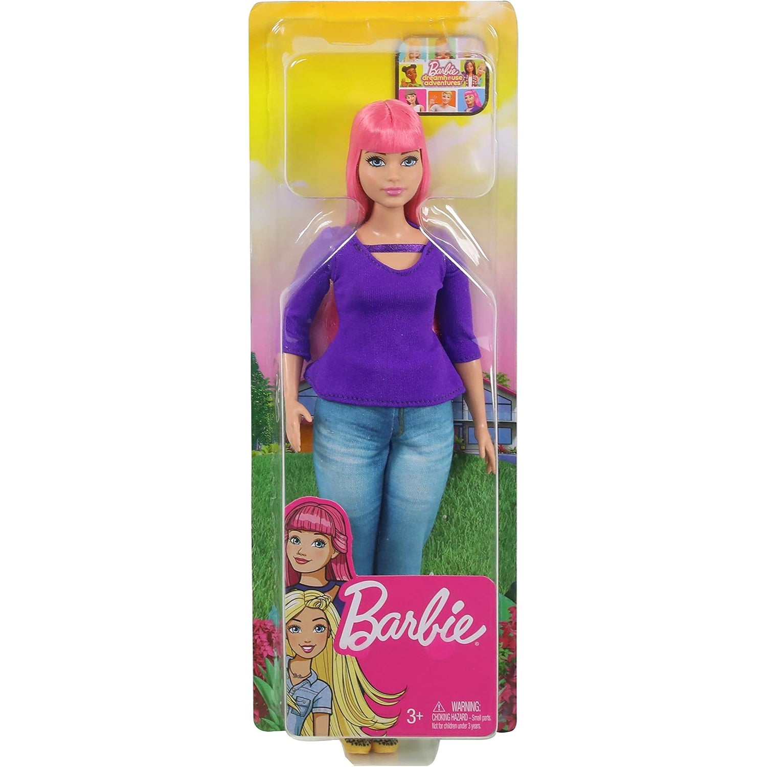 Muñeca Barbie con cabello rosa, blusa morada y jeans, presentada en caja con fondo colorido