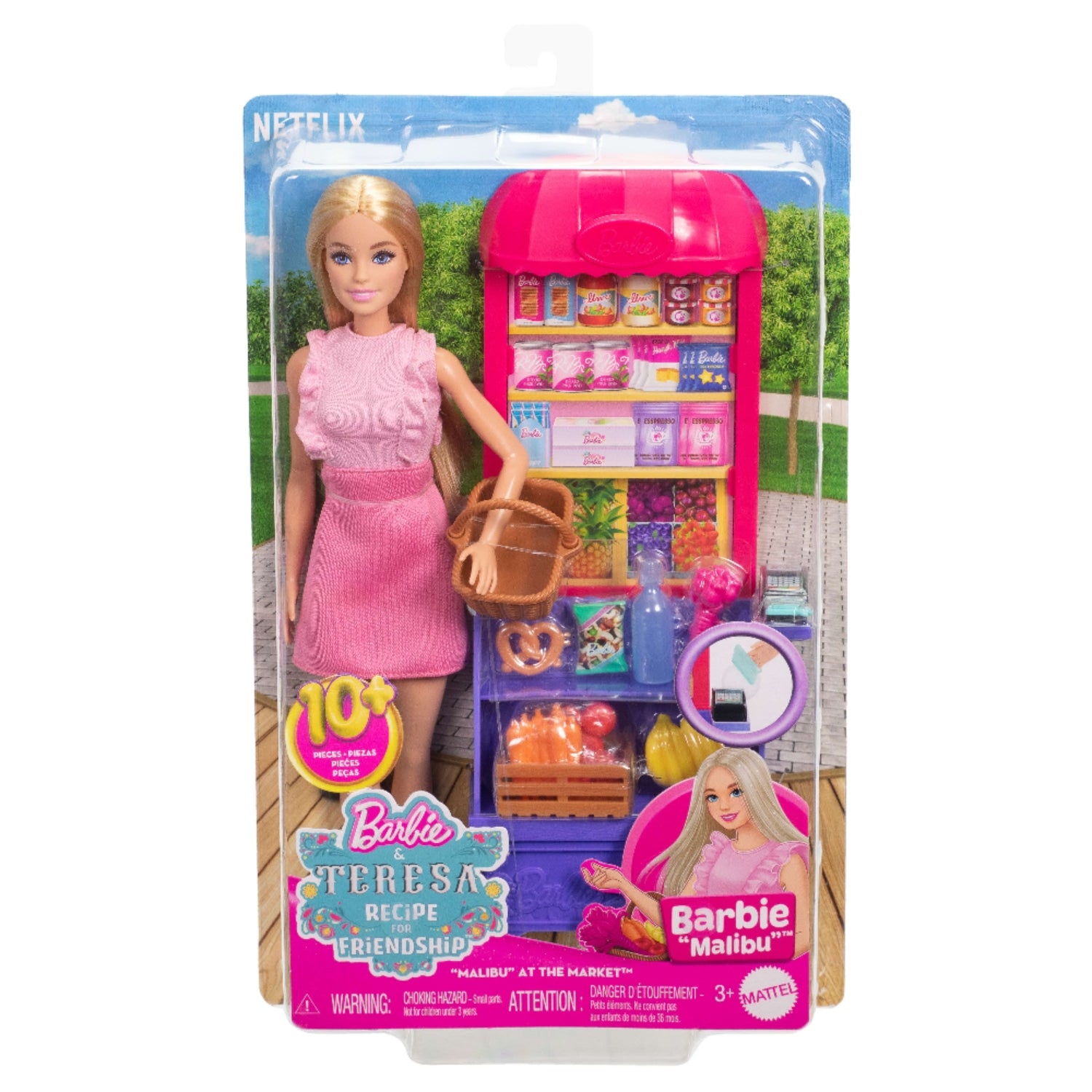 Muñeca Barbie Teresa con accesorios de mercado, vestido rosa, presentación frontal