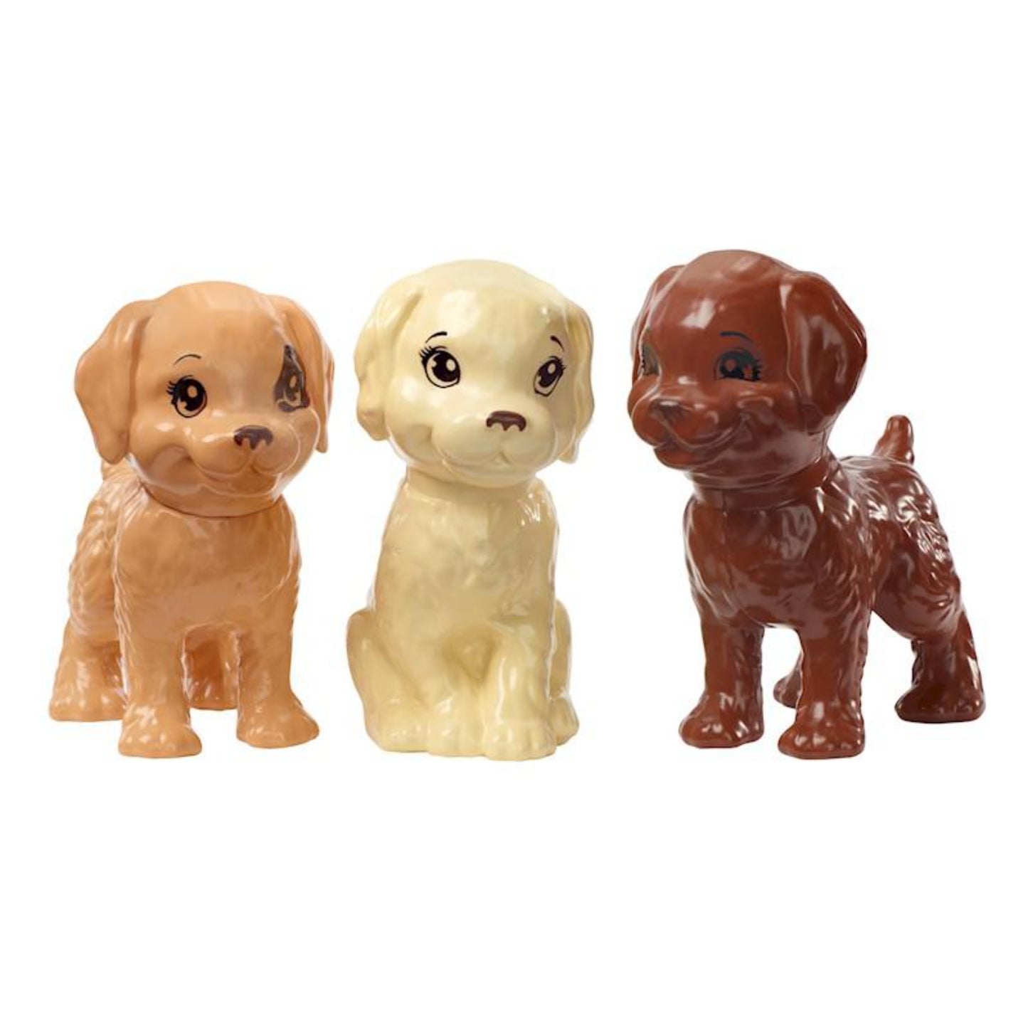 Figuras de perros de juguete Barbie en colores marrón, dorado y crema, vista lateral