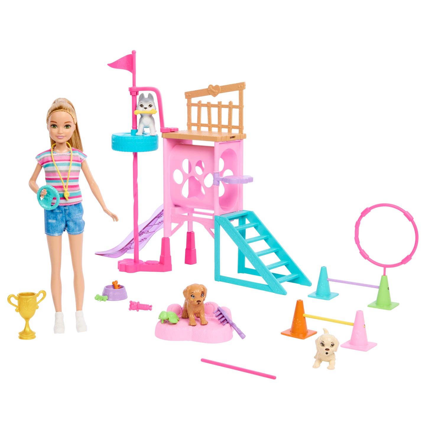 Muñeca Barbie con parque de agility para perros, juguetes y accesorios coloridos