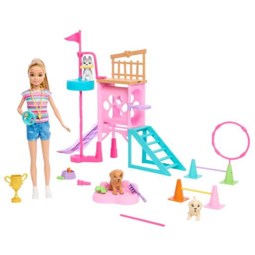 Muñeca Barbie con parque de juegos para perros, color rosa y accesorios divertidos
