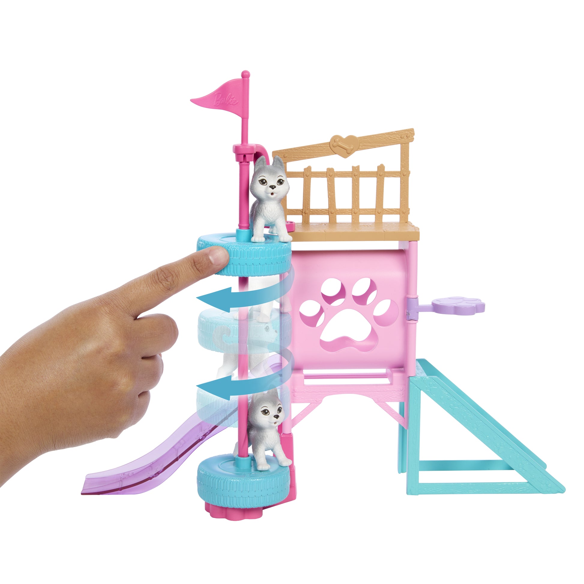 Juguete de Mattel con parque para mascotas, color rosa y azul, figura de perro en el tobogán