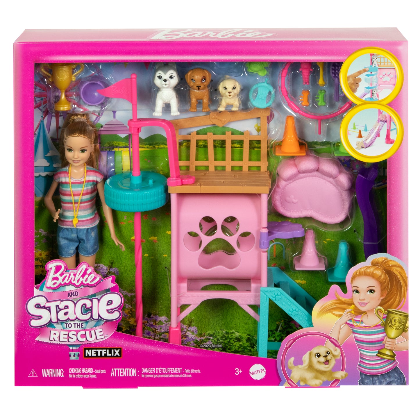 Muñeca Stacie de Barbie con accesorios de rescate de perros, vista frontal