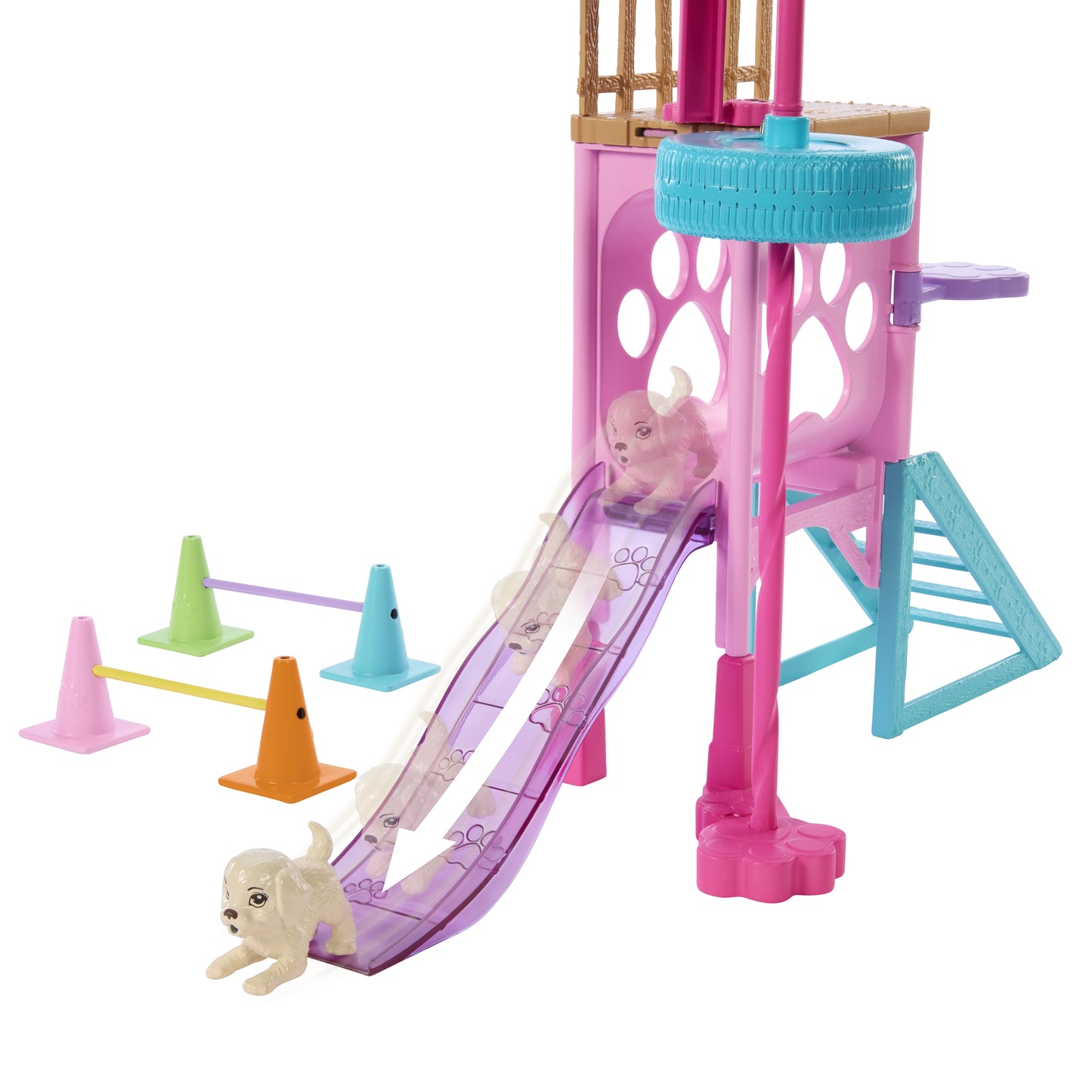 Juguete de Mattel con perro deslizándose en tobogán, color rosa y estructura de juego