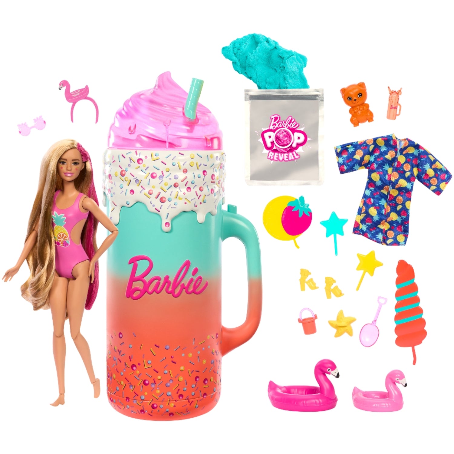 Muñeca Barbie con vaso de helado, accesorios coloridos y temática de verano