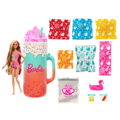 Muñeca Barbie con vaso gigante colorido y sorpresas en el fondo