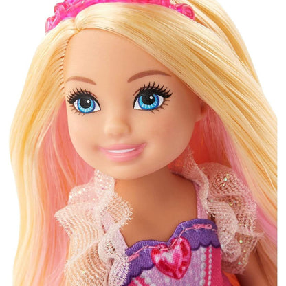 Muñeca Barbie rubia con vestido rosa, vista frontal en un fondo amigable