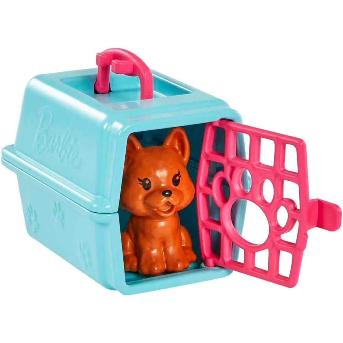 Barbie veterinaria, caja de transporte azul con perro dentro, juguete para niños