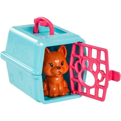 Barbie veterinaria, caja de transporte azul con perro dentro, juguete para niños
