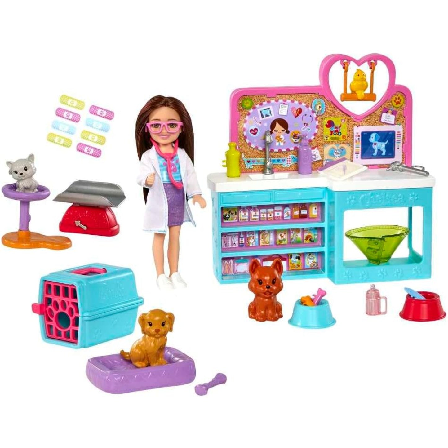 Juguete de veterinaria MATTEL con figura, accesorios y dos mascotas en un consultorio