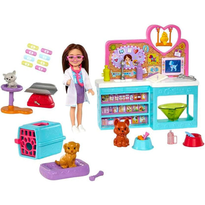 Juguete de veterinaria MATTEL con figura, accesorios y dos mascotas en un consultorio