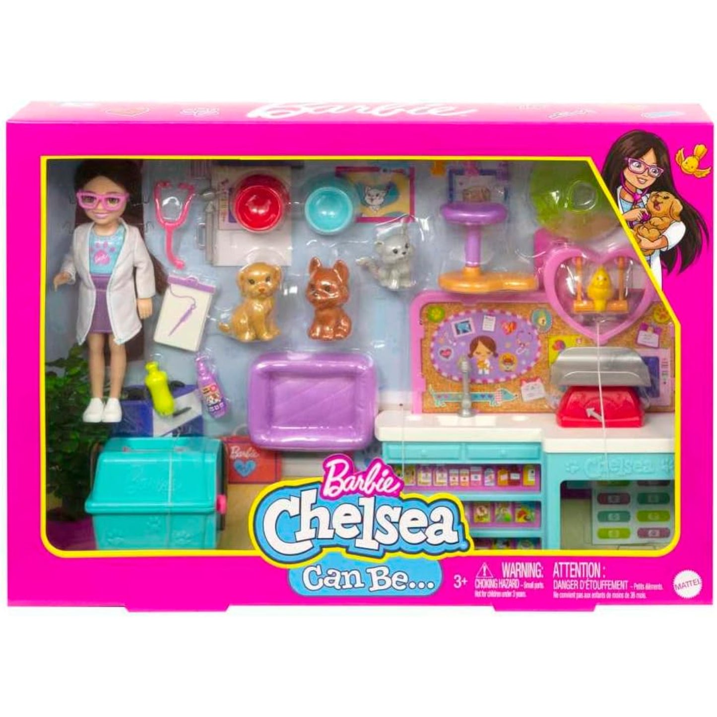 Juguete veterinaria Barbie Chelsea con accesorios, muñeca y mascotas en un ambiente de juego