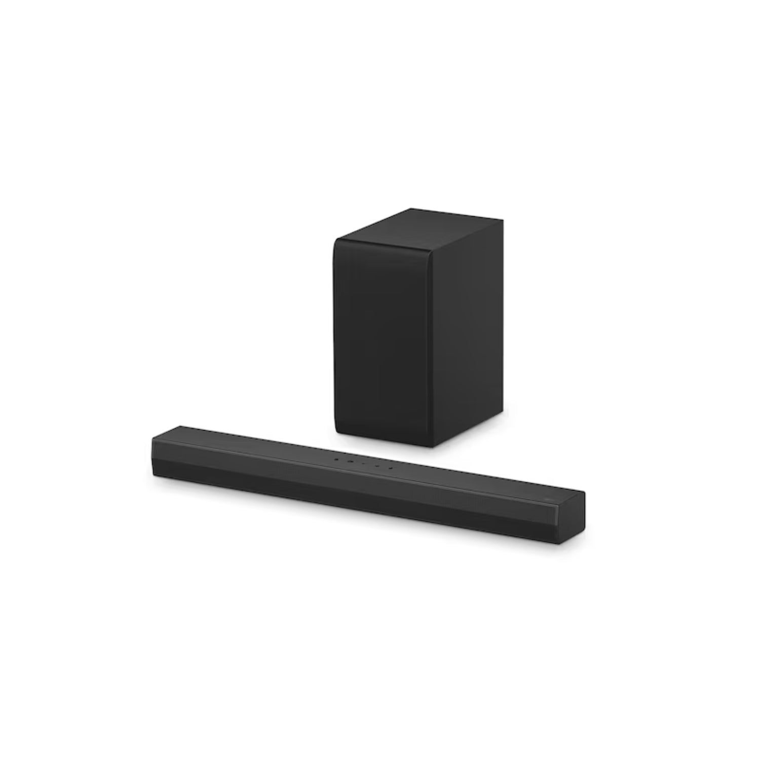 Barra de sonido negra LG con subwoofer, vista frontal para entretenimiento en casa