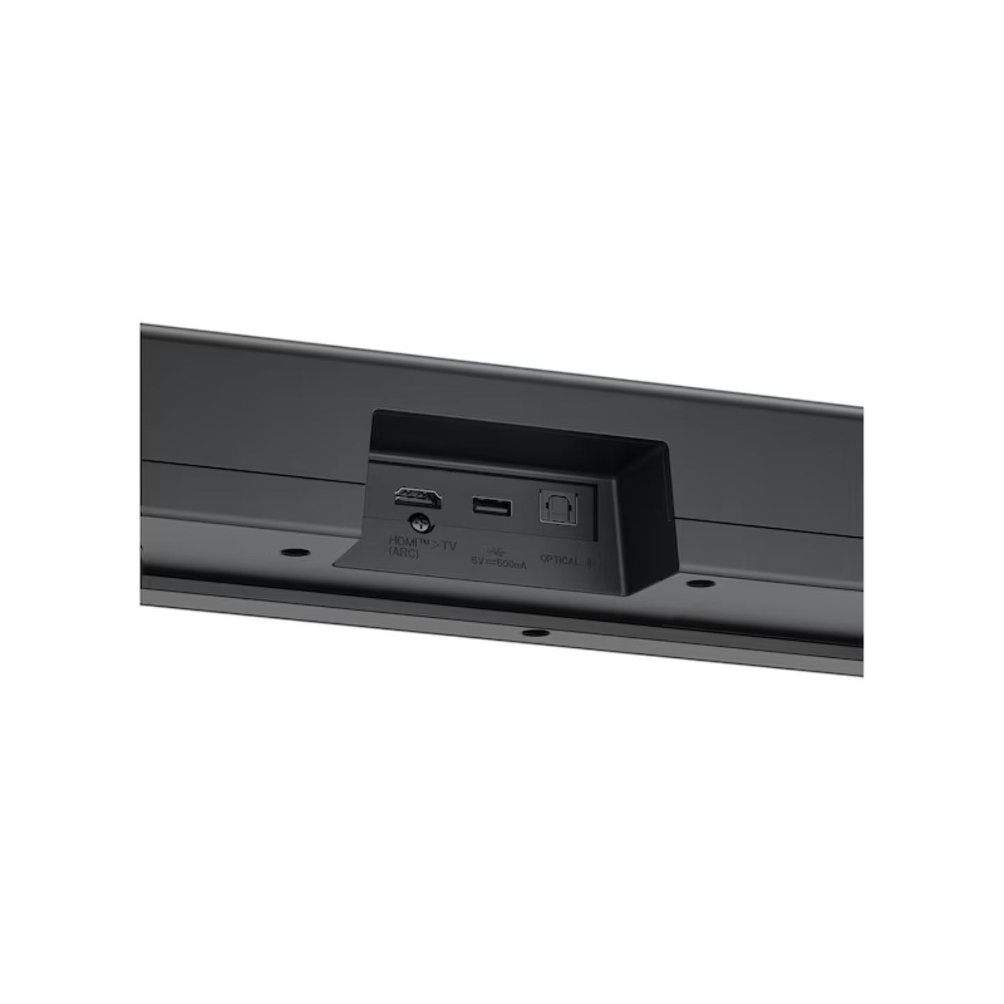 Barra de sonido negra LG vista trasera con puertos de conexión