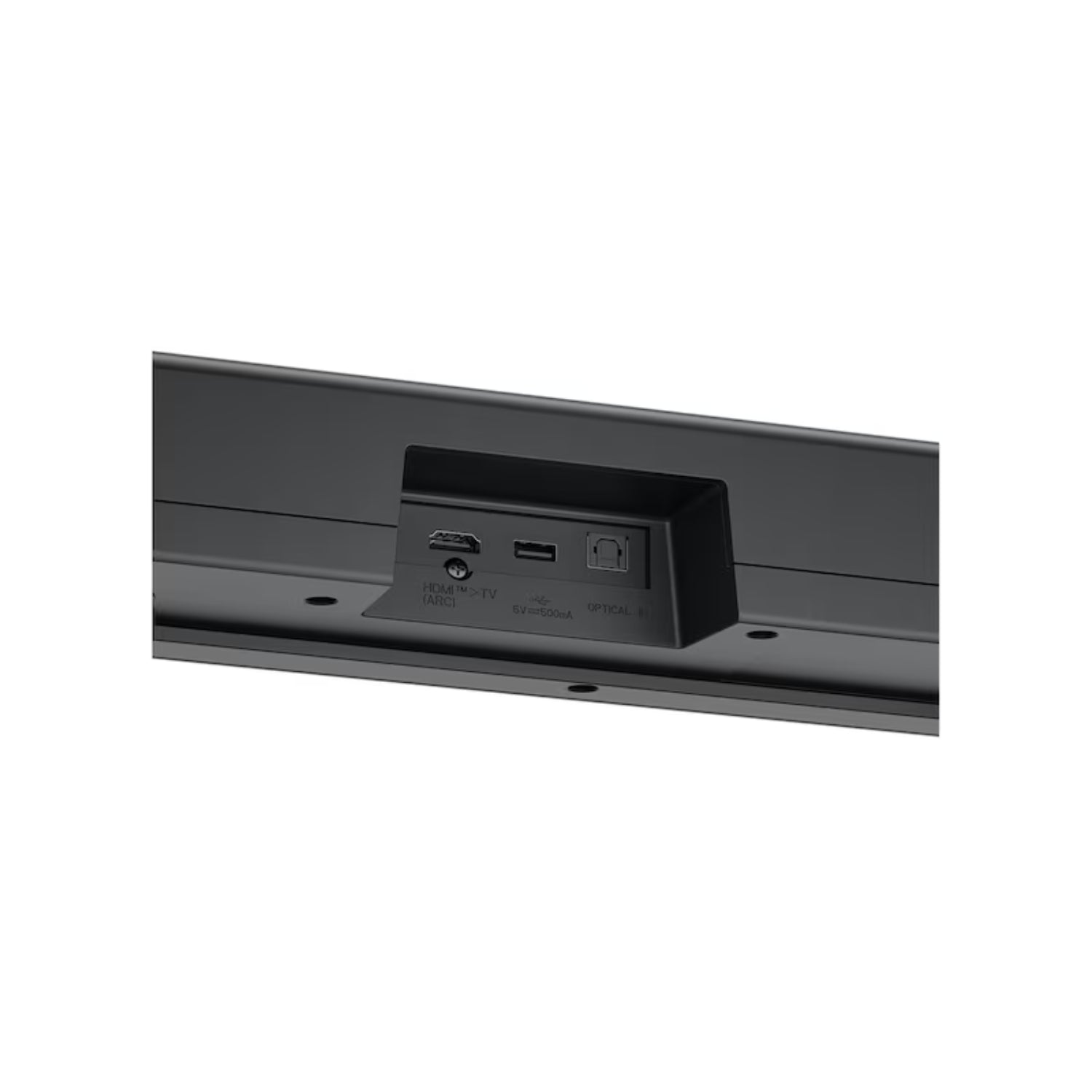 Barra de sonido negra LG vista trasera con puertos de conexión