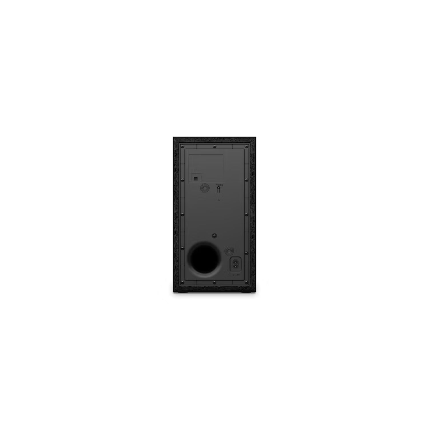 Barra de sonido LG negra vista trasera, conexiones y diseño
