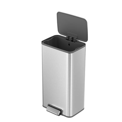 Cubo de basura EKO LL02 de acero inoxidable con tapa abierta y pedal para uso doméstico