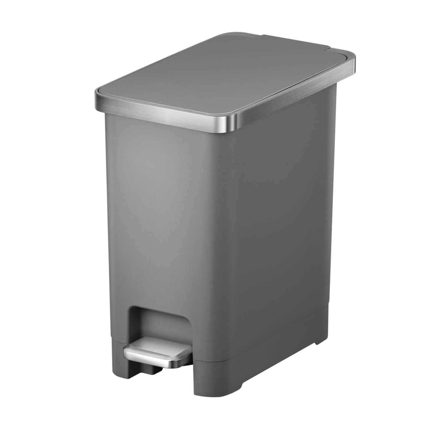 Basurero de pedal 10 litros EKO modelo LL02 en color gris con tapa rectangular y pedal metálico