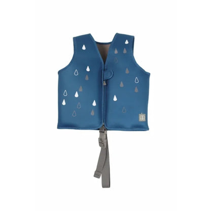 chaleco azul con gotas, vista frontal, ideal para actividades al aire libre