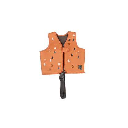 Chaleco salvavidas naranja con estampado, vista frontal, ideal para niños