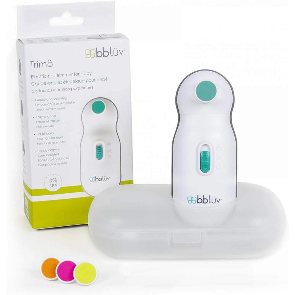 Limador eléctrico BBLUV para bebés en vista frontal con caja y accesorios