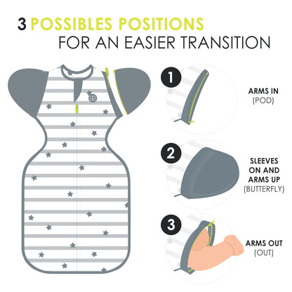 Mameluco gris con estrellas, instrucciones de uso para transiciones fáciles.