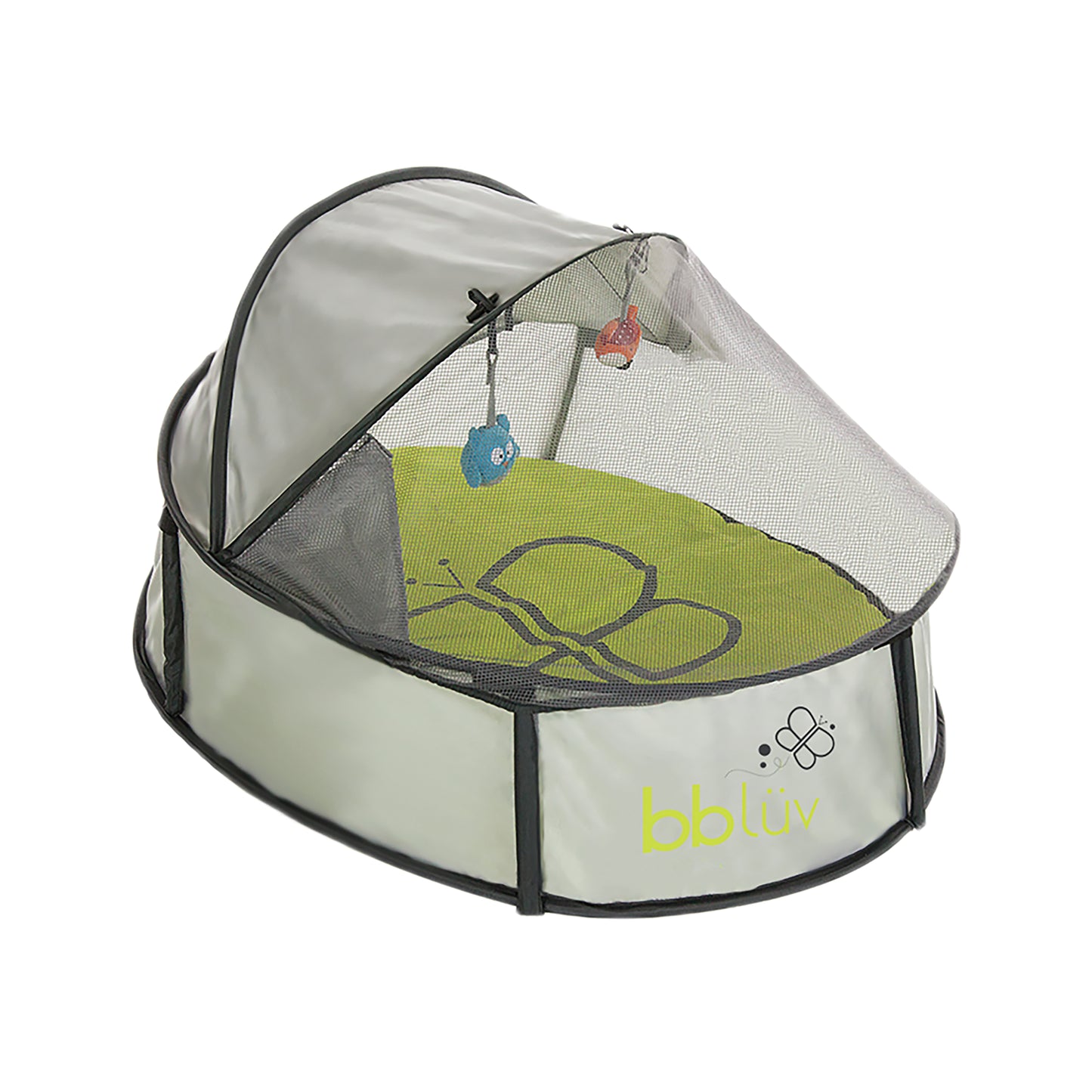 Nido BBLUV gris con mosquitera y juguetes colgantes para bebés