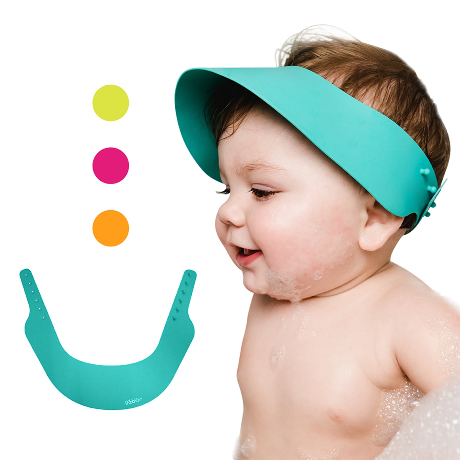 Visera azul para baño de BBLUV, repelente al agua, niño jugando feliz