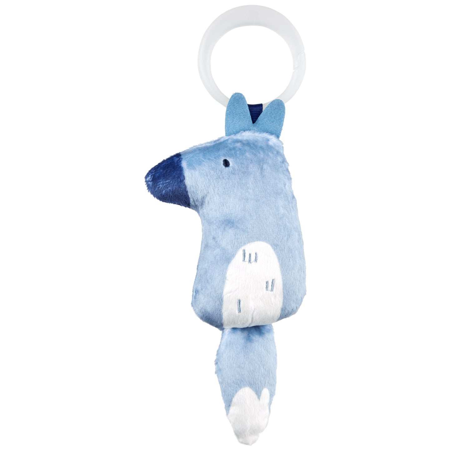 Juguete de bebé azul con forma de lobo, vista frontal, anillo de agarre