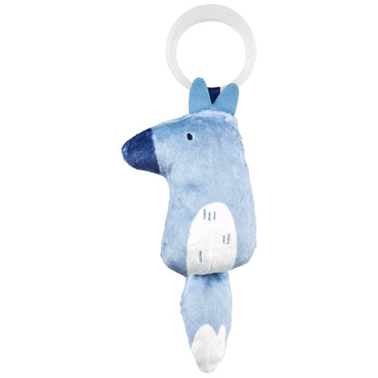 Juguete de bebé azul con forma de lobo, vista frontal, anillo de agarre