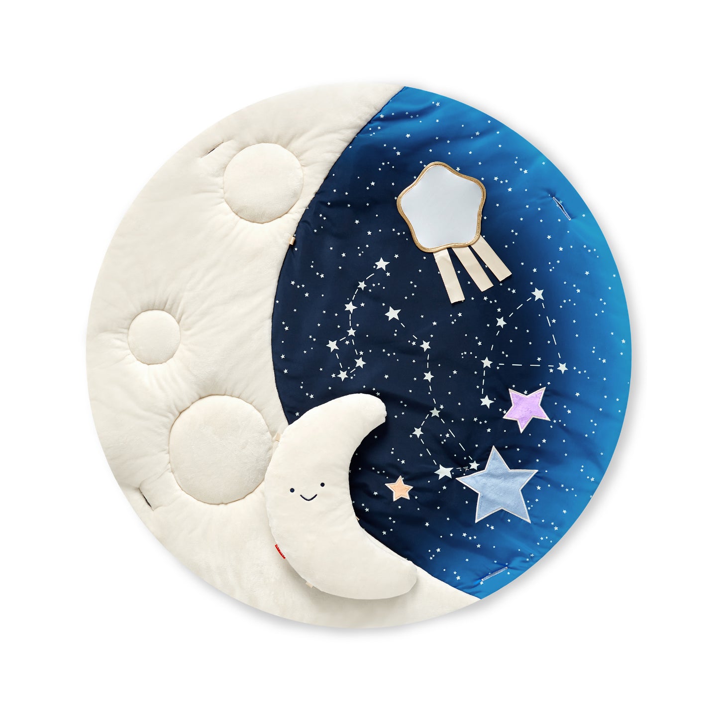 Alfombrilla de juego redonda para bebé, color azul y blanco con diseño estrellado