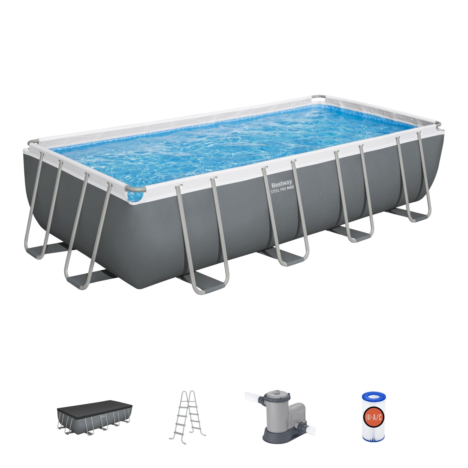piscina armable rectangular Bestway gris, vista frontal, ideal para jardín, comprar piscina armable para exterior