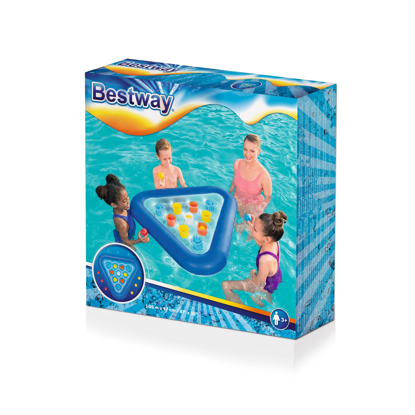 Juego de pong para piscina Bestway, color azul, en caja con cuatro personas jugando en el agua