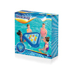 Juego de pong para piscina Bestway, color azul, en caja con cuatro personas jugando en el agua