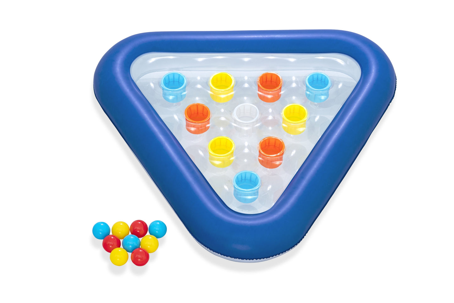 juego de pong para piscina color azul con pelotas de colores y vista superior