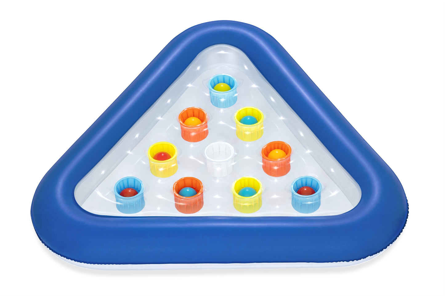 juego de pong para piscina triangular azul con pelotas multicolores y tazas