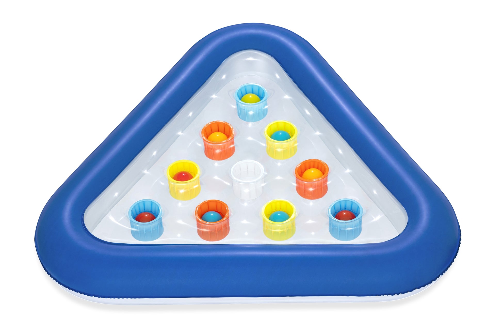juego de pong para piscina triangular azul con pelotas multicolores y tazas
