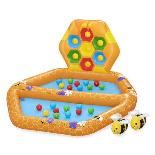 piscina Bestway Beehive niños color naranja con pelotas coloridas, vista lateral en jardín