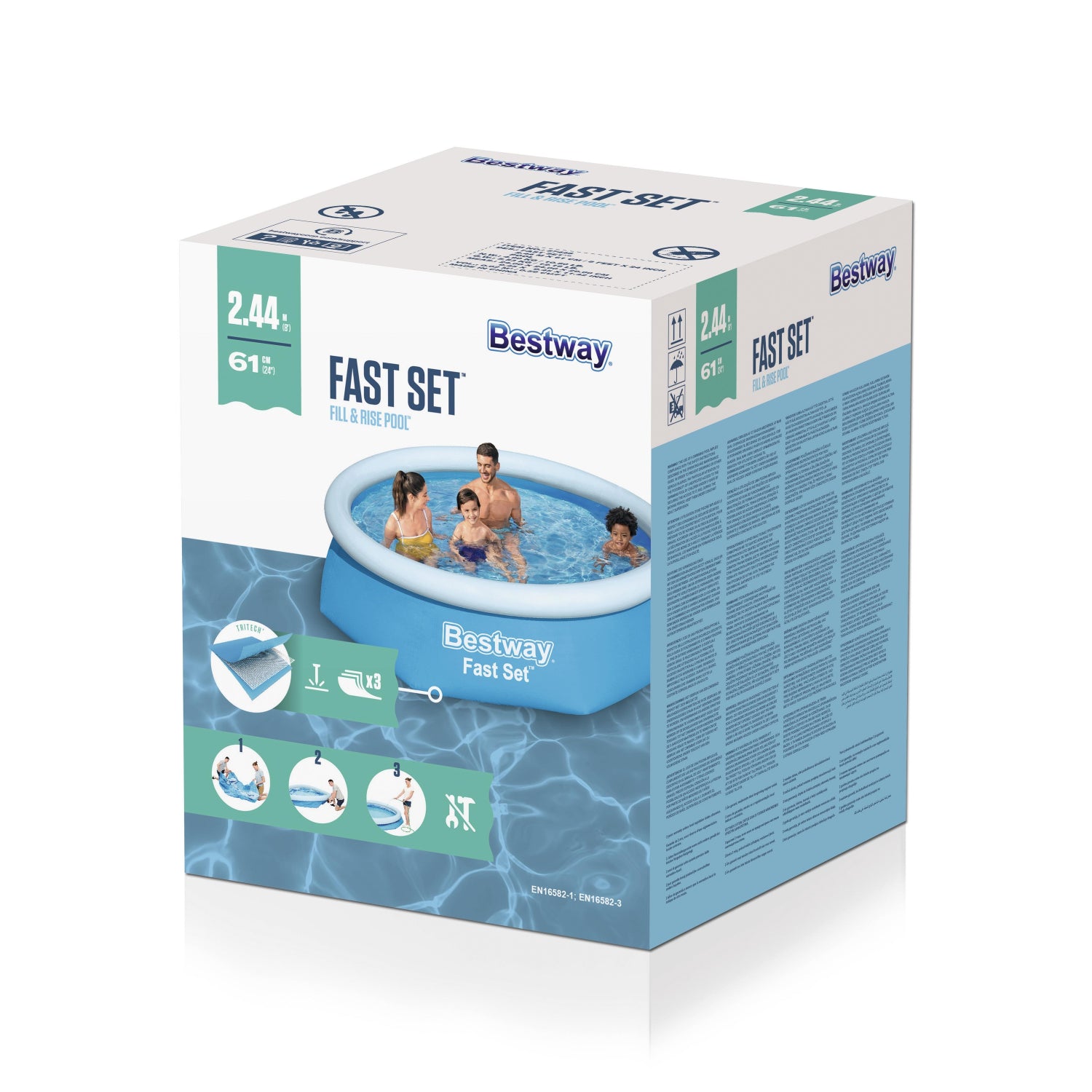 Caja de piscina desmontable redonda Bestway, vista frontal, llena de agua, familia feliz