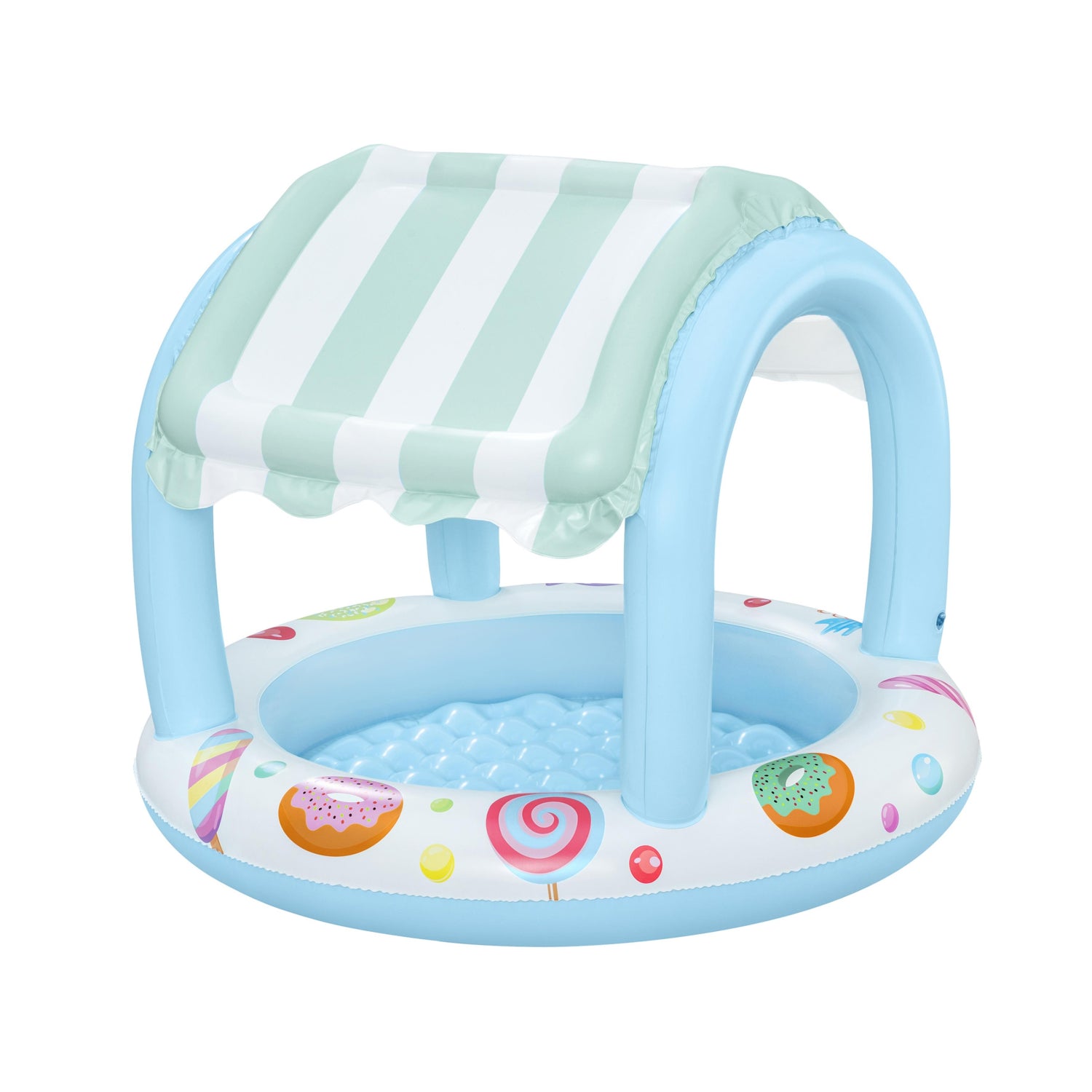 Piscina infantil con sombra, azul claro y diseño de dulces, vista lateral
