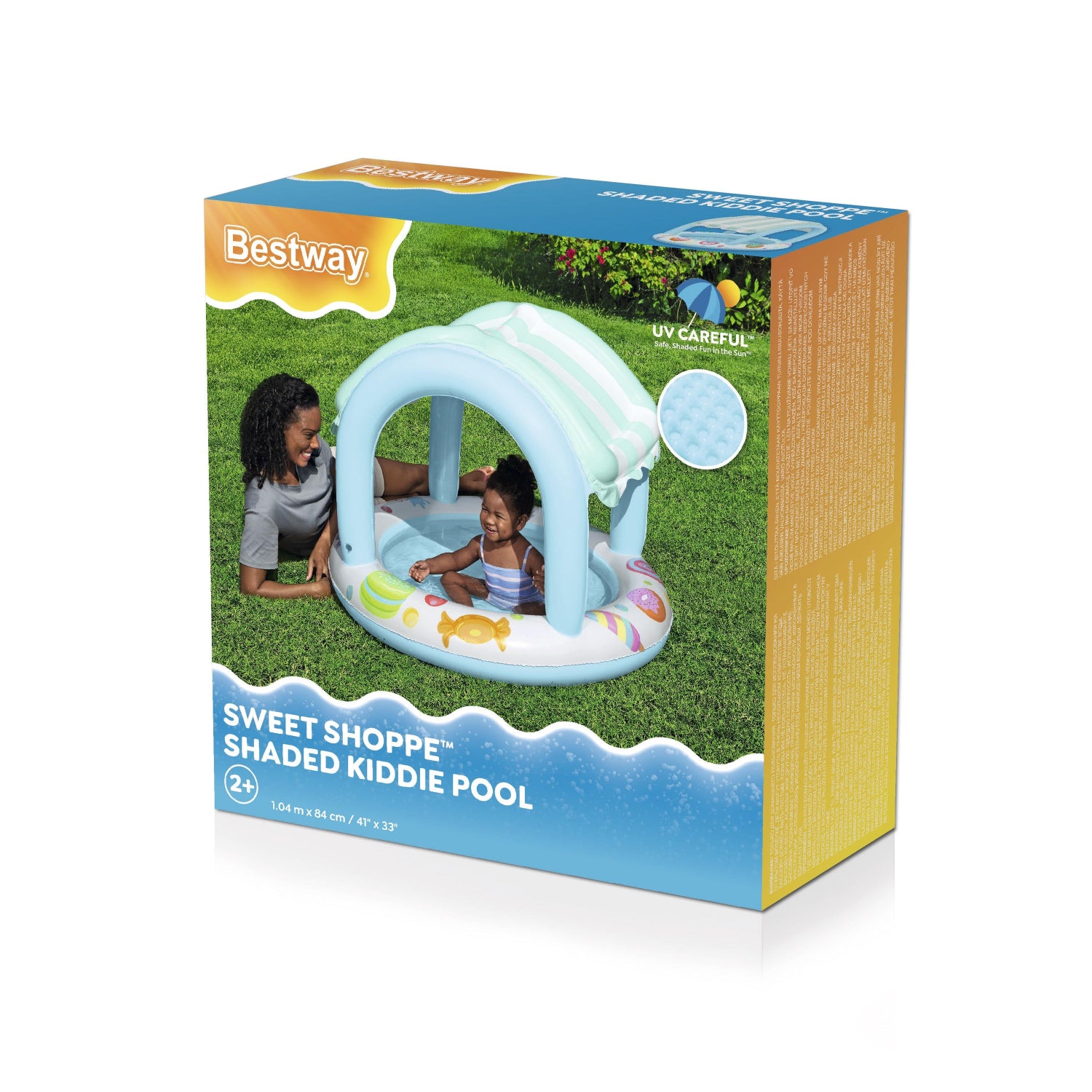 Piscina infantil con sombra Bestway, color azul y blanco, diseño divertido, ideal para el verano