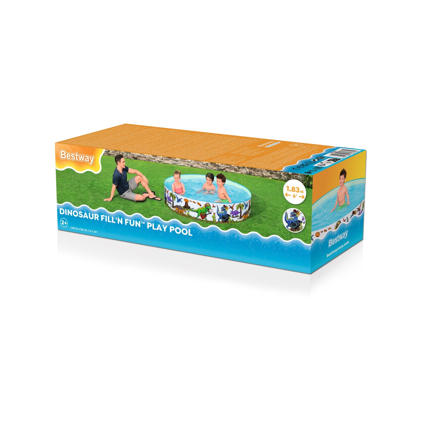 Piscina infantil dinosaurio Bestway, vista frontal con niños jugando en el jardín