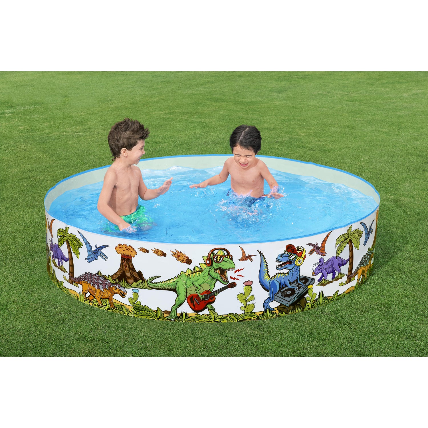 piscina infantil dinosaurio, redonda con decoración de dinosaurios, niños jugando al aire libre