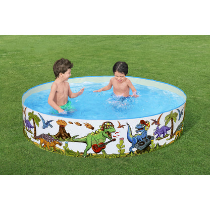 piscina infantil dinosaurio, redonda con decoración de dinosaurios, niños jugando al aire libre